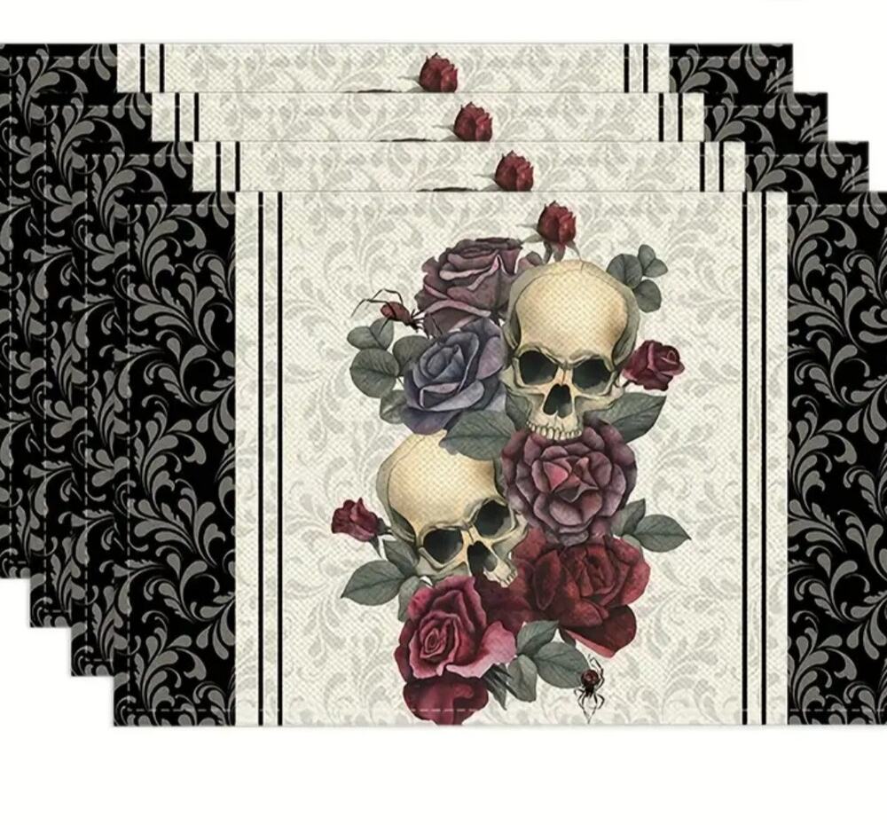 Skull & Roses Placemats 18"×12 Red Black Goth Dark Match Table Runner Valentines
